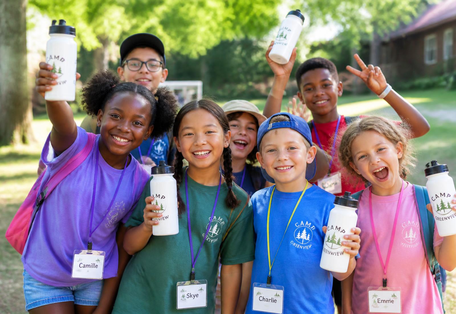 Smiling children at a summer camp holding reusable water bottles